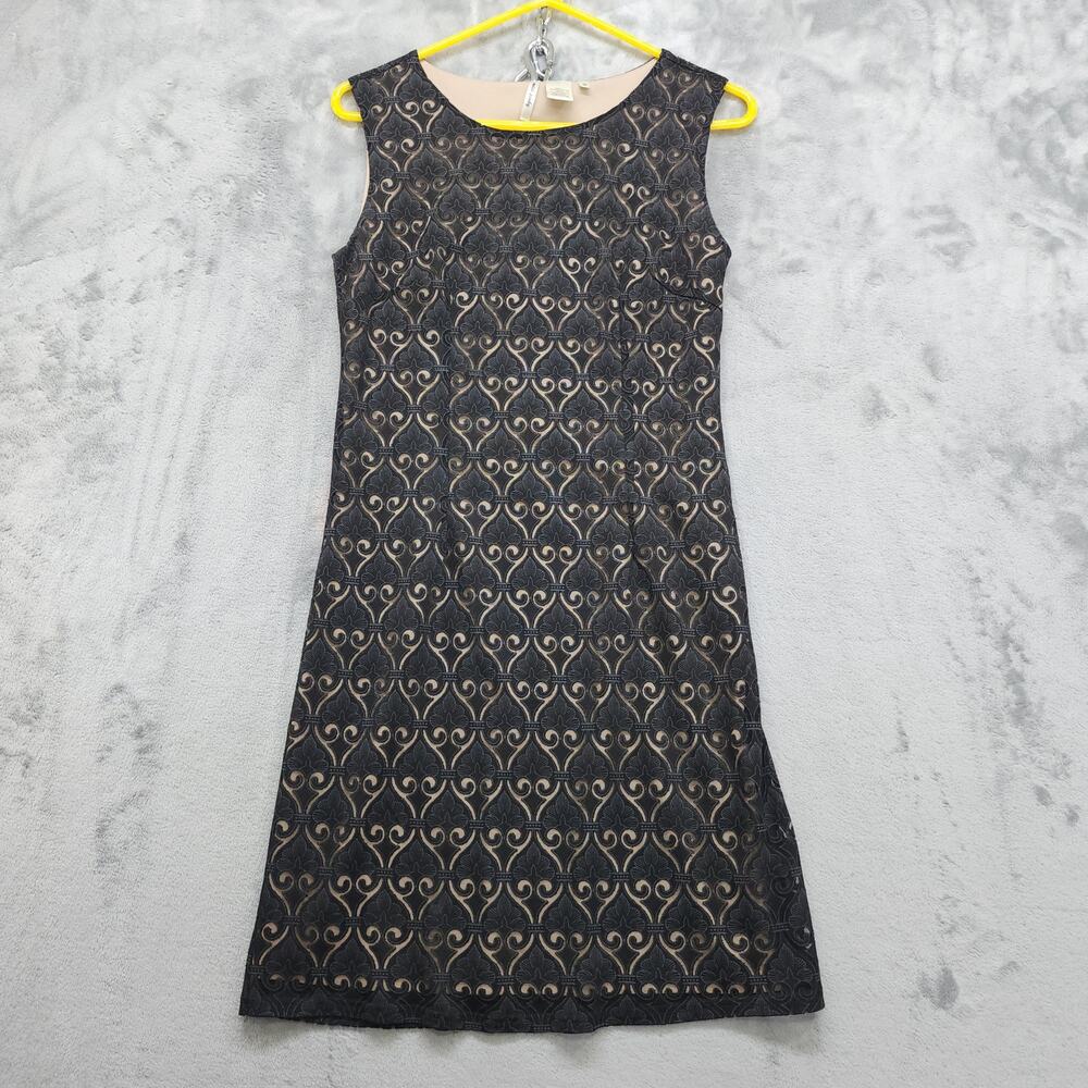 Miss Pinky Dress Women M Black Beige Burnout Lace Overlay Sleeveless Sheath Midi